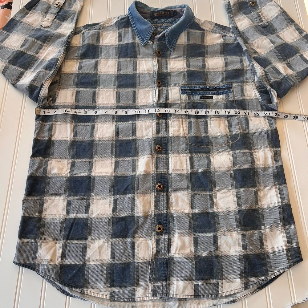 Vintage Fryday Club Men's Shirt Size Large Blue White Plaid Denim Collar Cotton - Picture 6 of 7